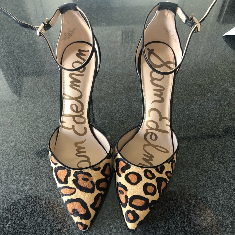 Sam Edelman Leather Leopard Print Ankle Strap Pump